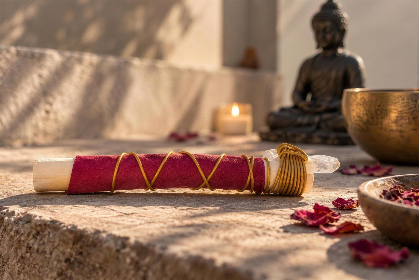 Instrumentul Life Activation pe o piatră, lângă un bol tibetan și petale de trandafir