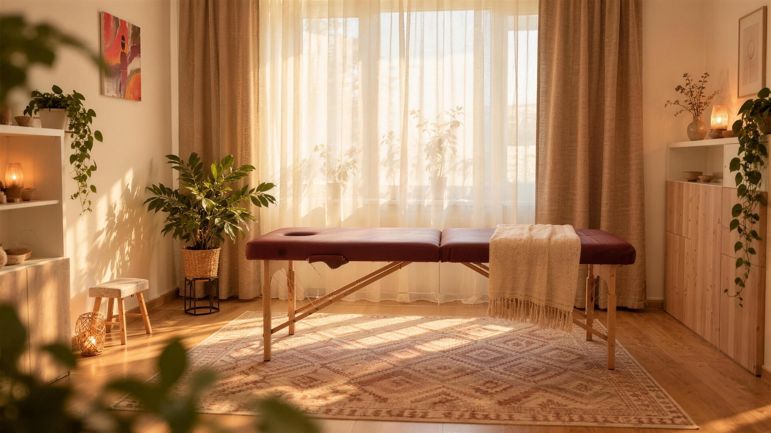 Spațiul Healing Vibes, cu masa de lucru în lumina după-amiezii